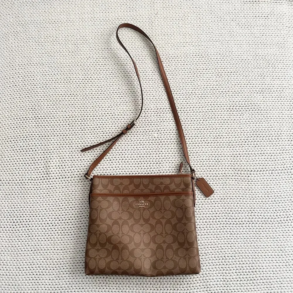 Coach Brown Tan Signature Slim File Crossbody Coated Canvas Bag C1723
